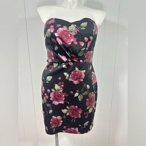 NEW BCX Womens Sz 15 Junjors Satin Black Purple Floral Dress Back Tie Strapless